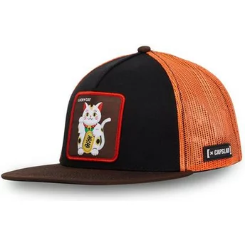 Capslab Maneki-Neko Lucky Cat LUC Black and Orange Flat Brim Trucker Hat