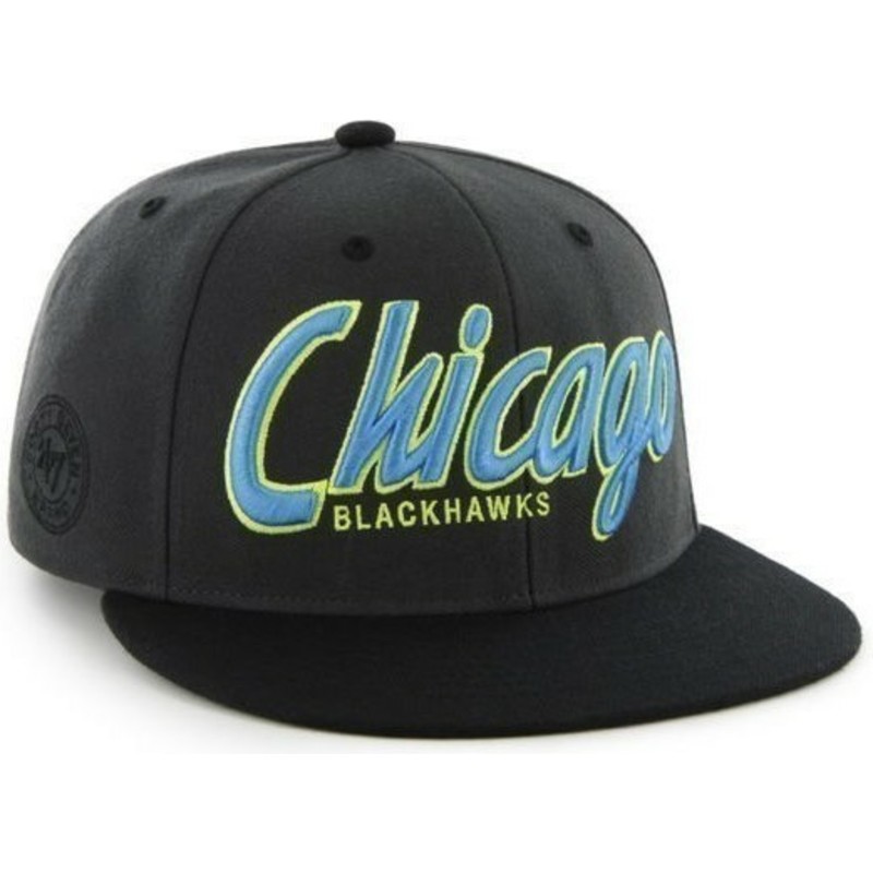47-brand-flat-brim-script-logo-chicago-blackhawks-nhl-black-snapback-cap