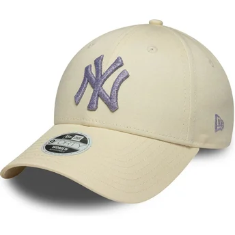 New Era Curved Brim Women Purple Logo 9FORTY Metallic Logo New York Yankees MLB Beige Adjustable Cap