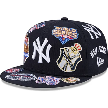 New Era Flat Brim 59FIFTY All Over Logos New York Yankees MLB Navy Blue Fitted Cap