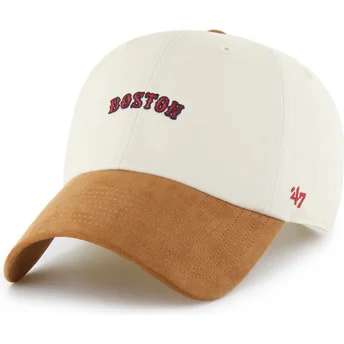 47 Brand Curved Brim Clean Up Mini Script Suede Visor Boston Red Sox MLB Beige and Brown Adjustable Cap