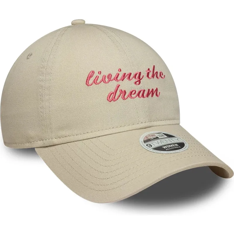 new-era-curved-brim-women-9twenty-living-the-dream-slogan-beige-adjustable-cap