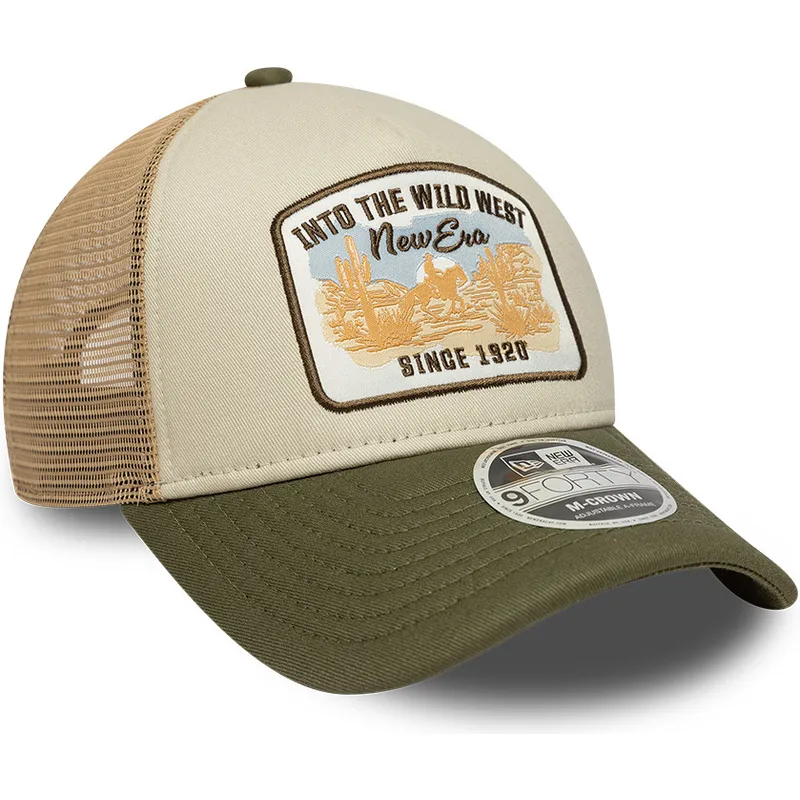 new-era-9forty-m-crown-a-frame-beige-and-green-trucker-hat