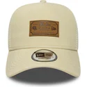 new-era-a-frame-denim-leather-patch-beige-trucker-hat