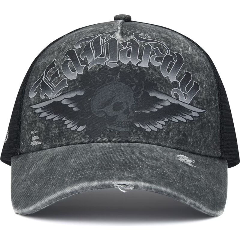 lippikset-kaareva-rekka-harmaa-snapback-flaming-gothic-skull-washed-ed-hardy