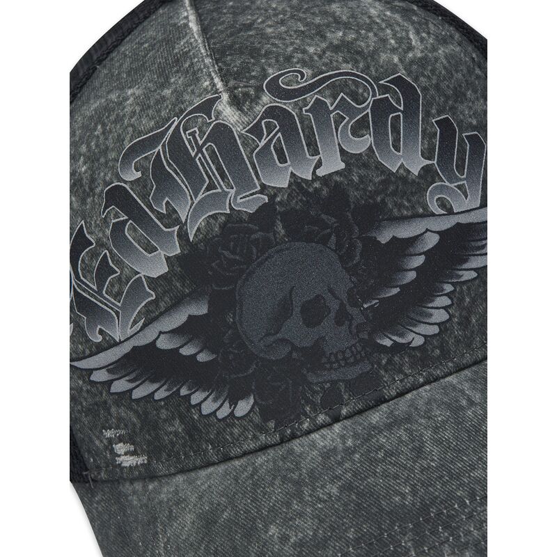lippikset-kaareva-rekka-harmaa-snapback-flaming-gothic-skull-washed-ed-hardy