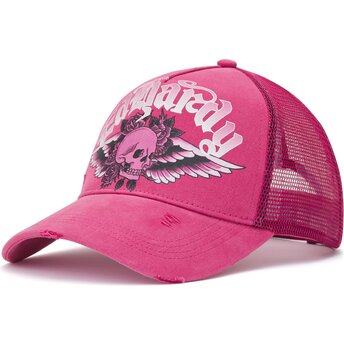 Lippikset kaareva rekka vaaleanpunainen snapback Flaming Gothic Skull Washed Ed Hardy