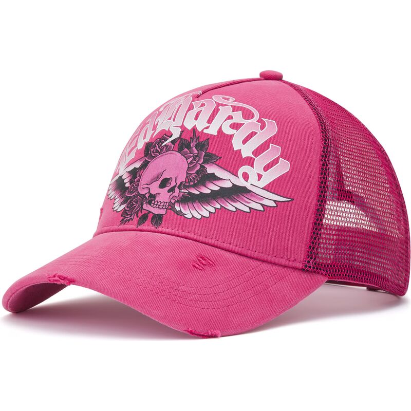lippikset-kaareva-rekka-vaaleanpunainen-snapback-flaming-gothic-skull-washed-ed-hardy