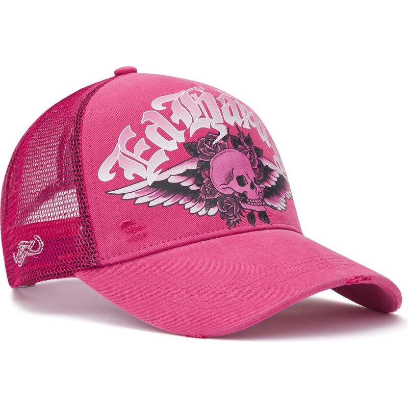 lippikset-kaareva-rekka-vaaleanpunainen-snapback-flaming-gothic-skull-washed-ed-hardy