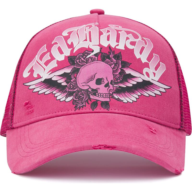 lippikset-kaareva-rekka-vaaleanpunainen-snapback-flaming-gothic-skull-washed-ed-hardy