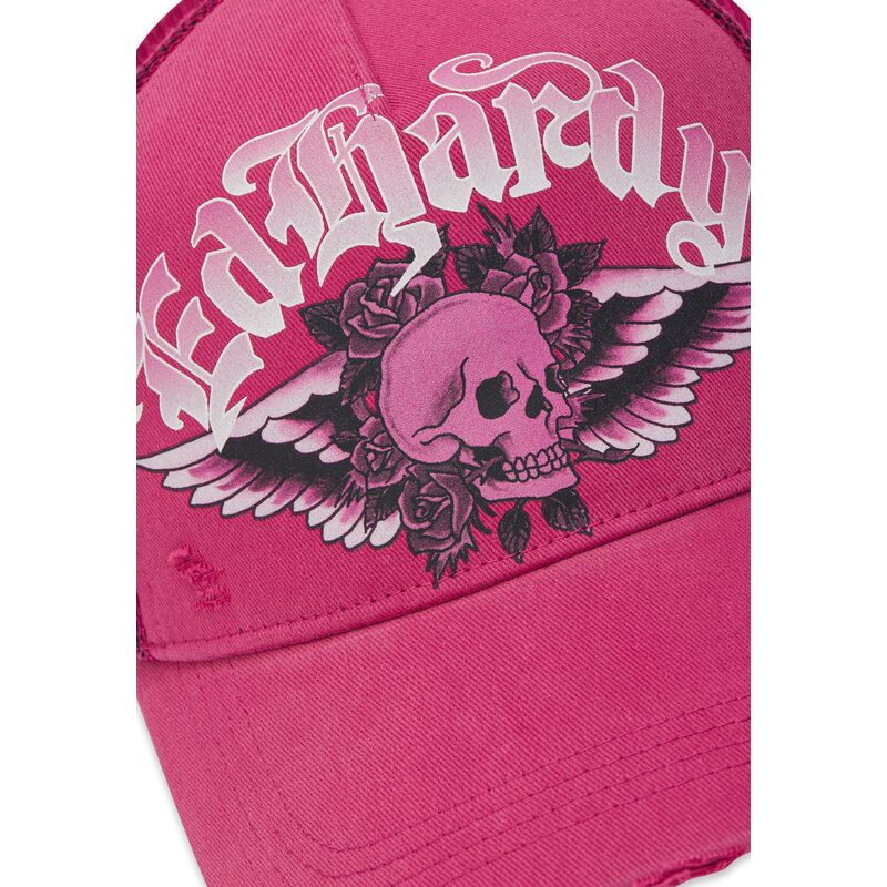 lippikset-kaareva-rekka-vaaleanpunainen-snapback-flaming-gothic-skull-washed-ed-hardy